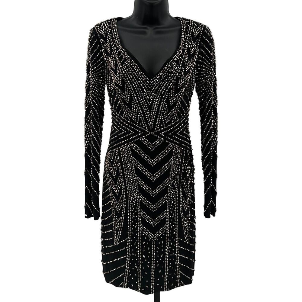 Aqua Dresses Bodycon Dress WMNS 0 Black Silver Beaded Stretch Cocktail Glam Mini